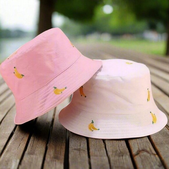 Colorful Favorites Accessories - Everlynn Banana Embroidered Reversible Bucket Hat White Pink Gift Packaged